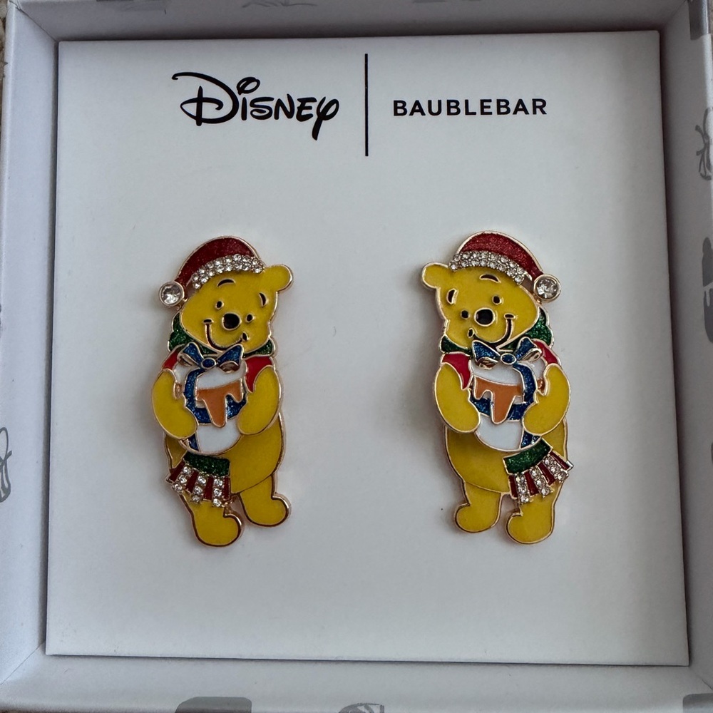 Disney Baublebar NEW Christmas Winnie The Pooh‎ Dangle Earrings Rhinestones Hat